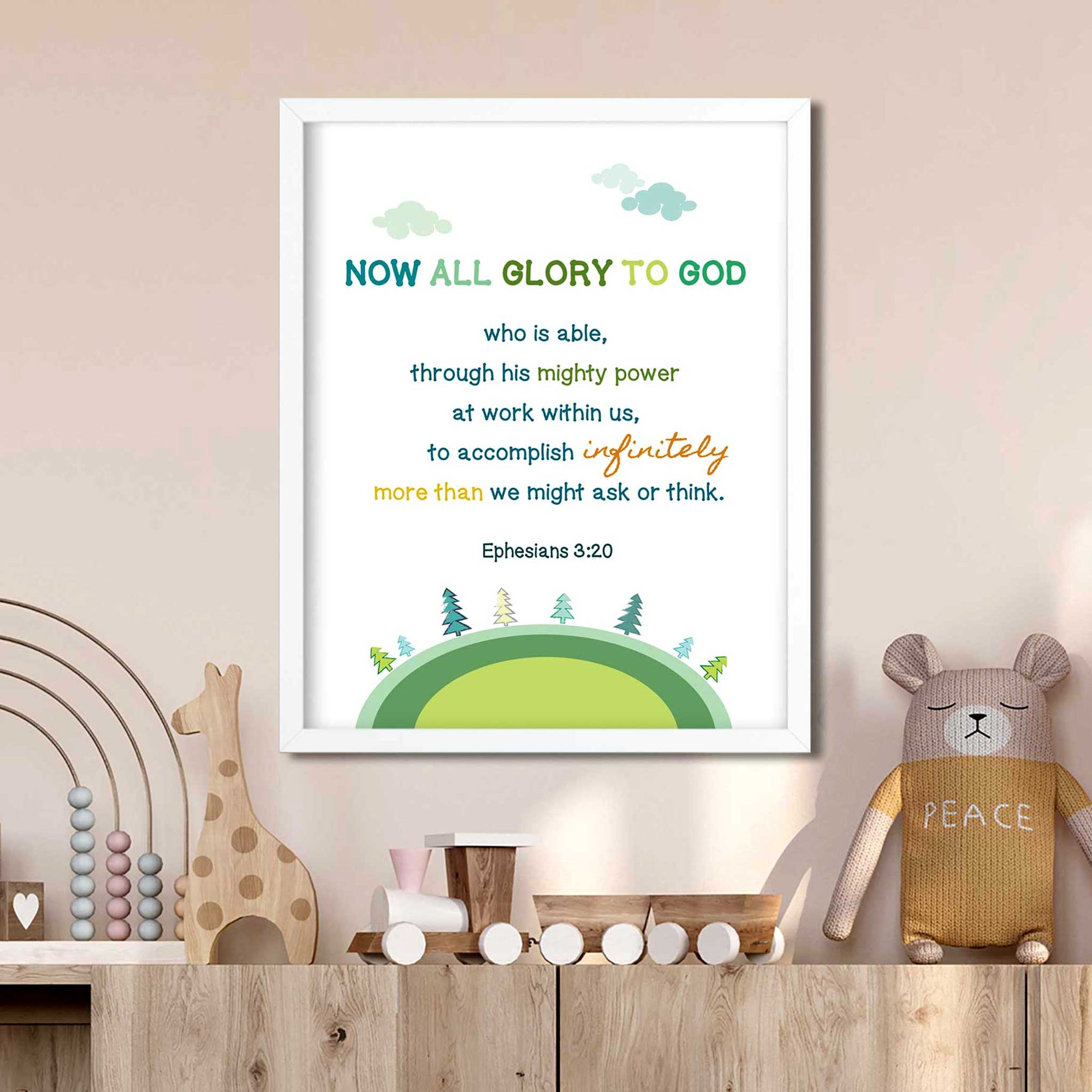 Christian boho style kids room decor featuring Ephesians 3:20 green landscape wall art