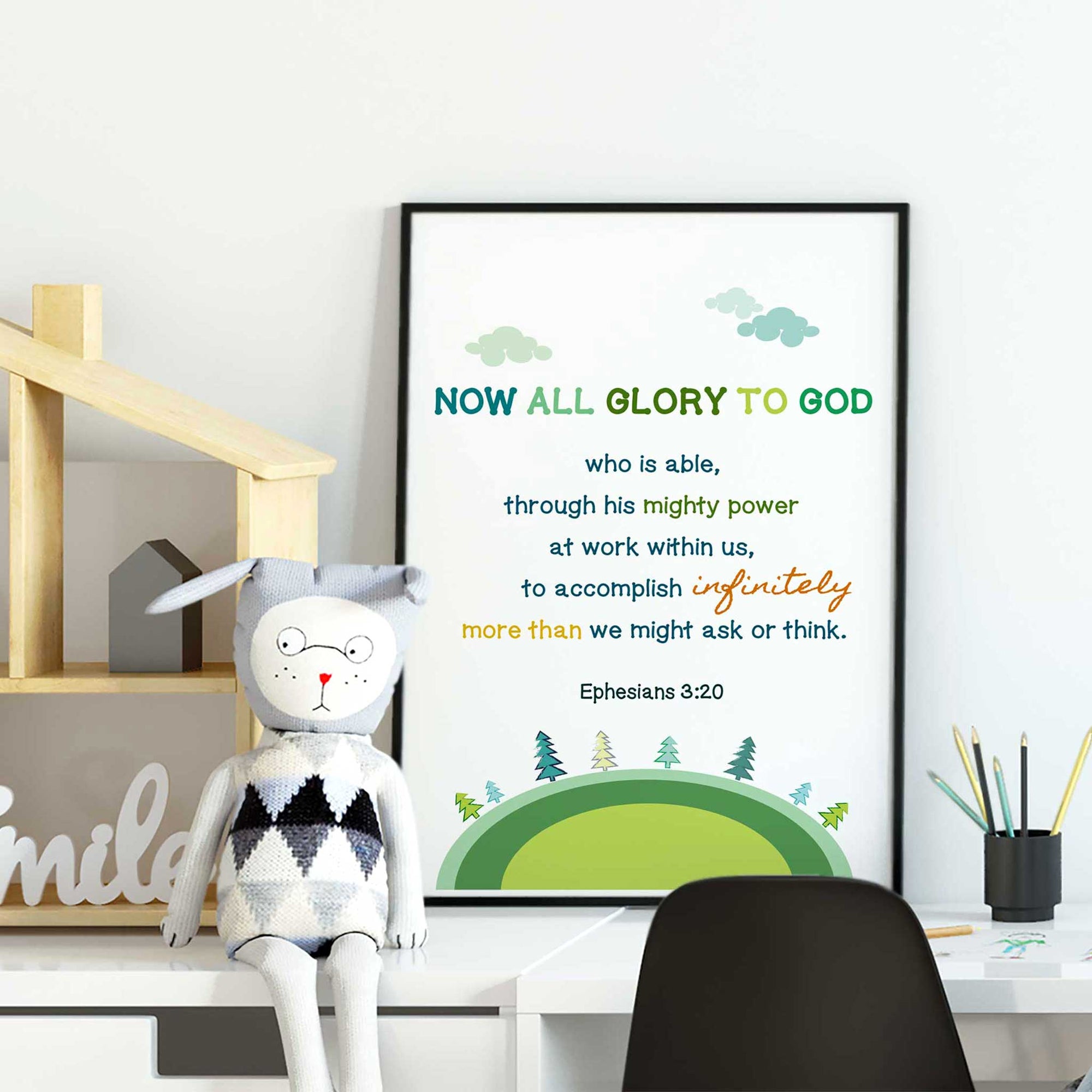 Nature-themed Christian nursery decor with Ephesians 3:20 scripture print for modern Christian kids room
