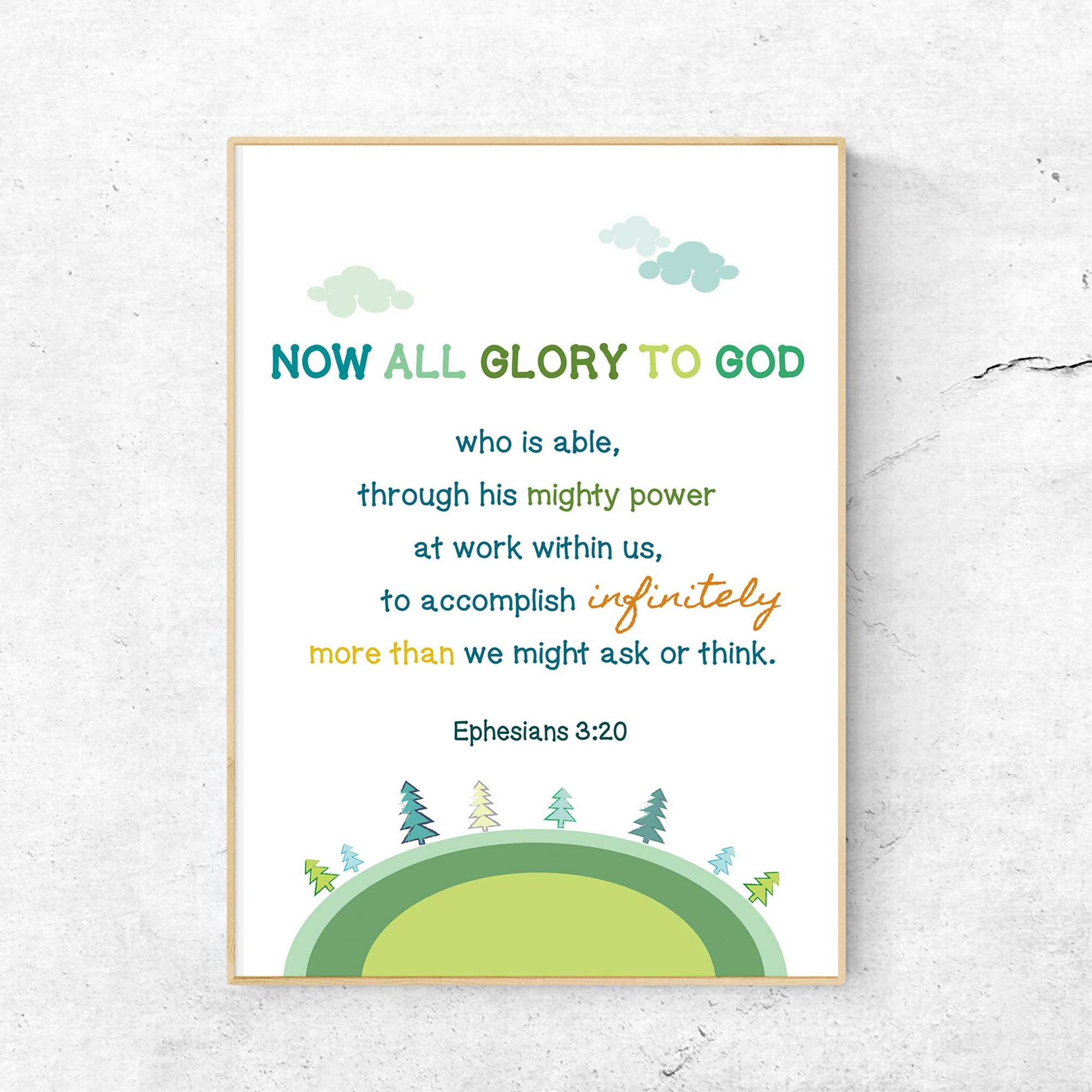 Nature-themed Christian nursery decor with Ephesians 3:20 scripture print for kids room