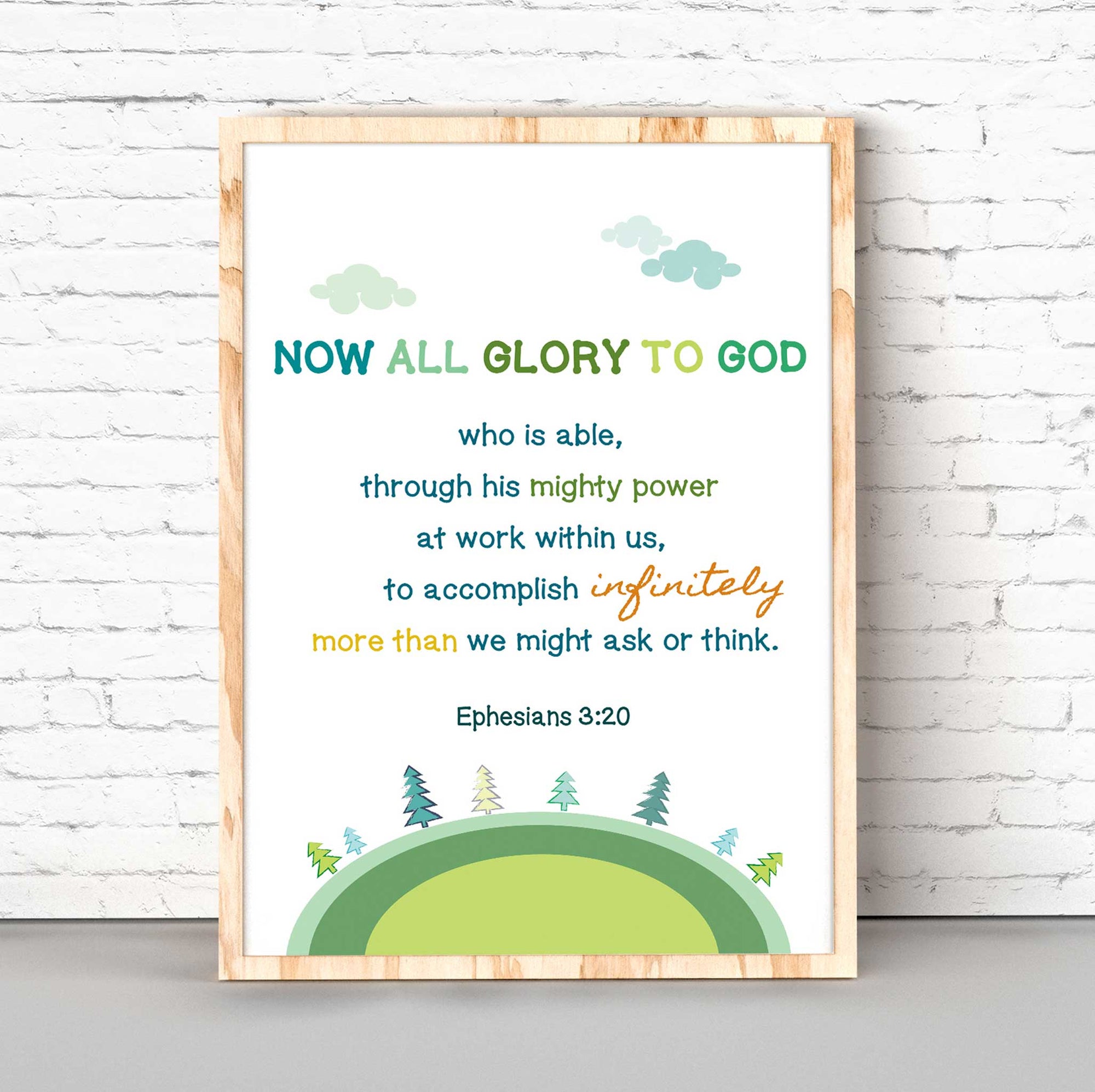 Nature-themed Christian nursery decor with Ephesians 3:20 scripture print