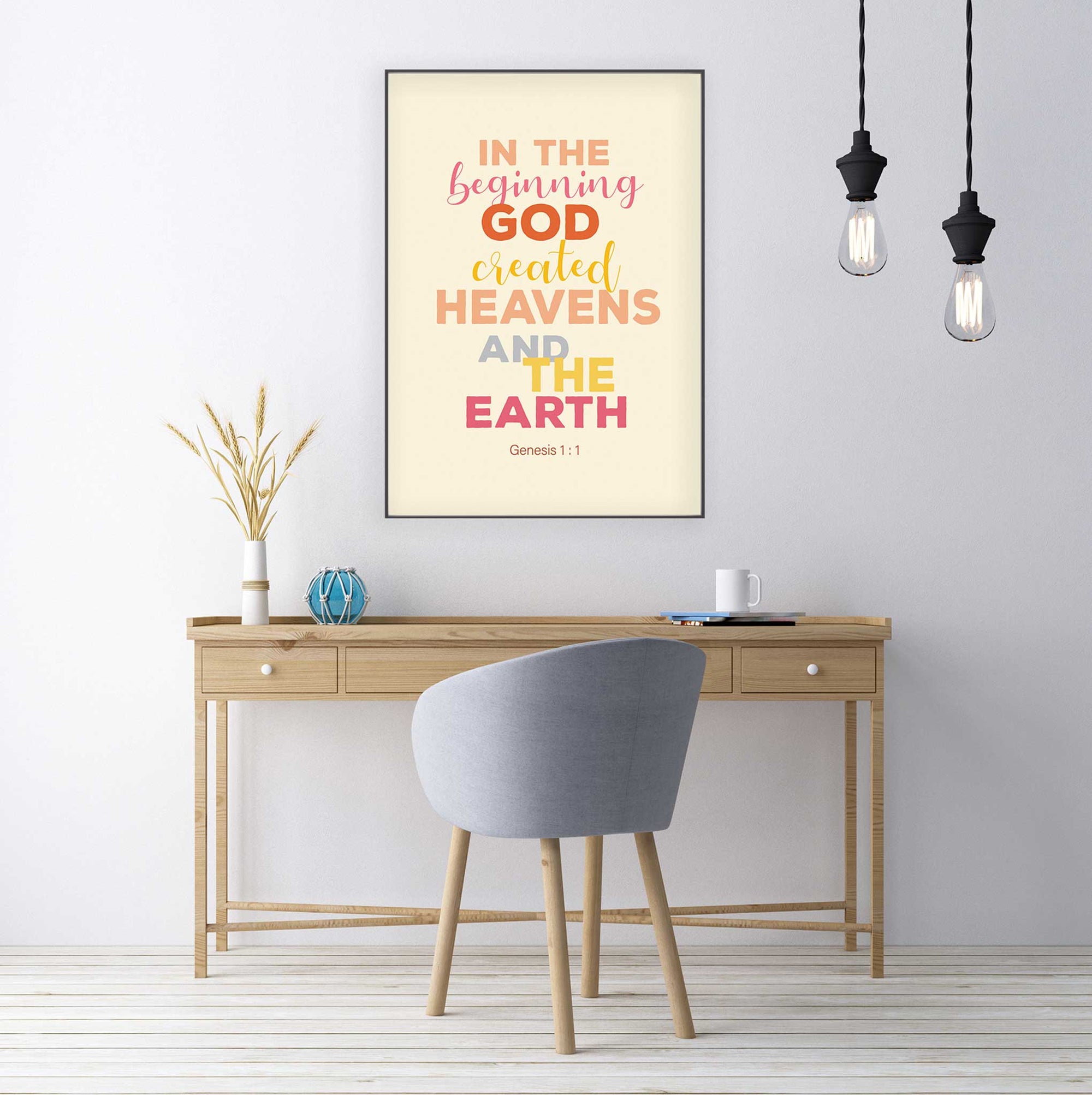 Christian home office decor with Genesis 1:1 scripture wall art