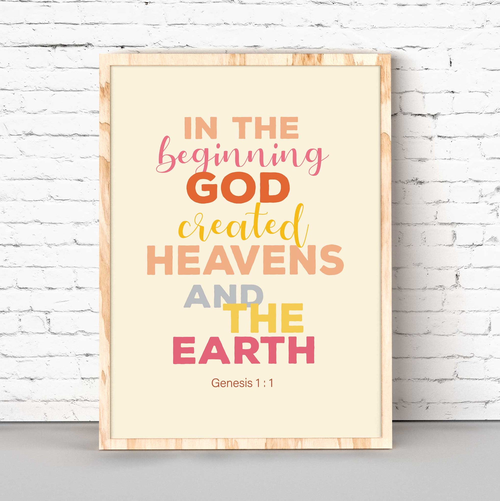 Genesis 1:1 wall art featuring “In the Beginning” scripture for modern Christian home office decor