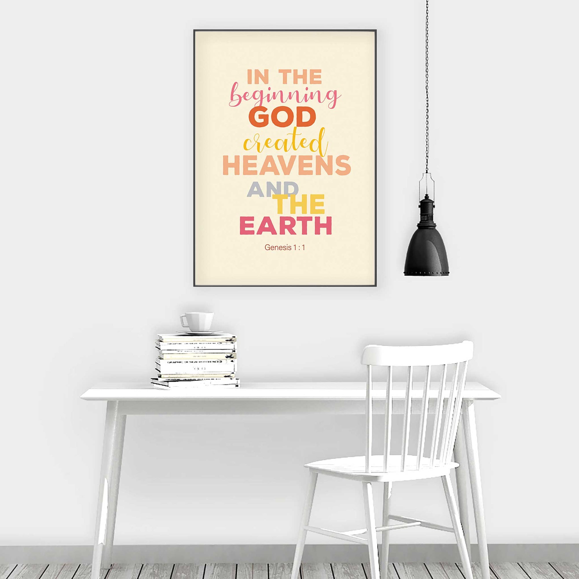 Genesis 1:1 scripture wall art displayed in modern office workspace