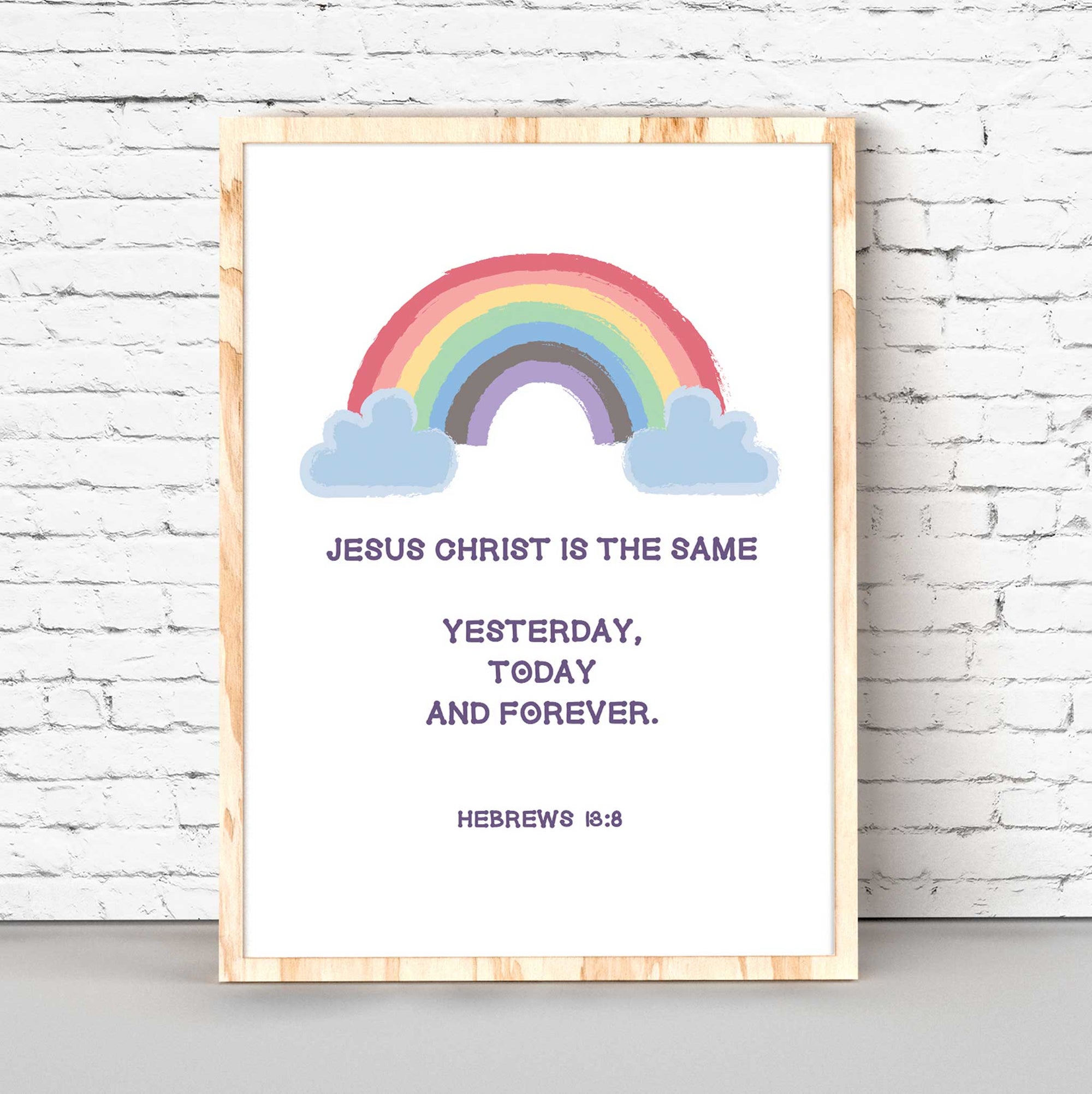 Hebrews 13:8 wall art with soft rainbow and cloud design for Christian nursery decor