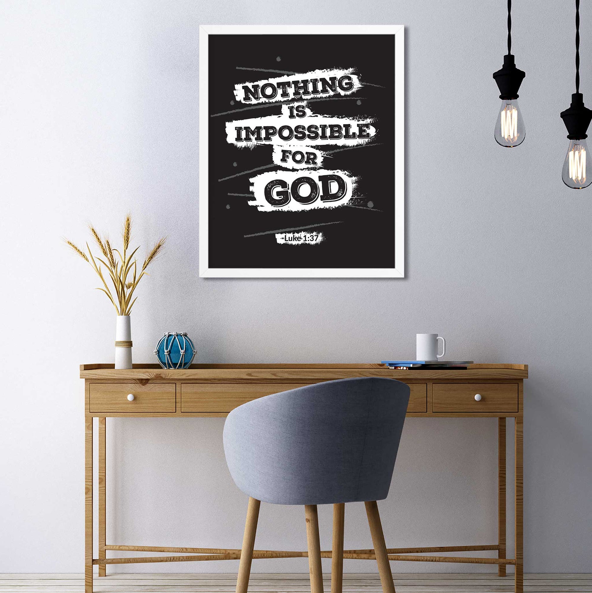 Bold black Christian wall art with Luke 1:37 in christian teen study space