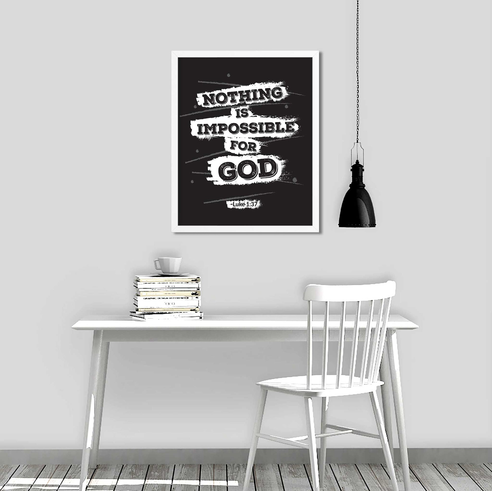 Bold black Christian wall art with Luke 1:37 in teen study space