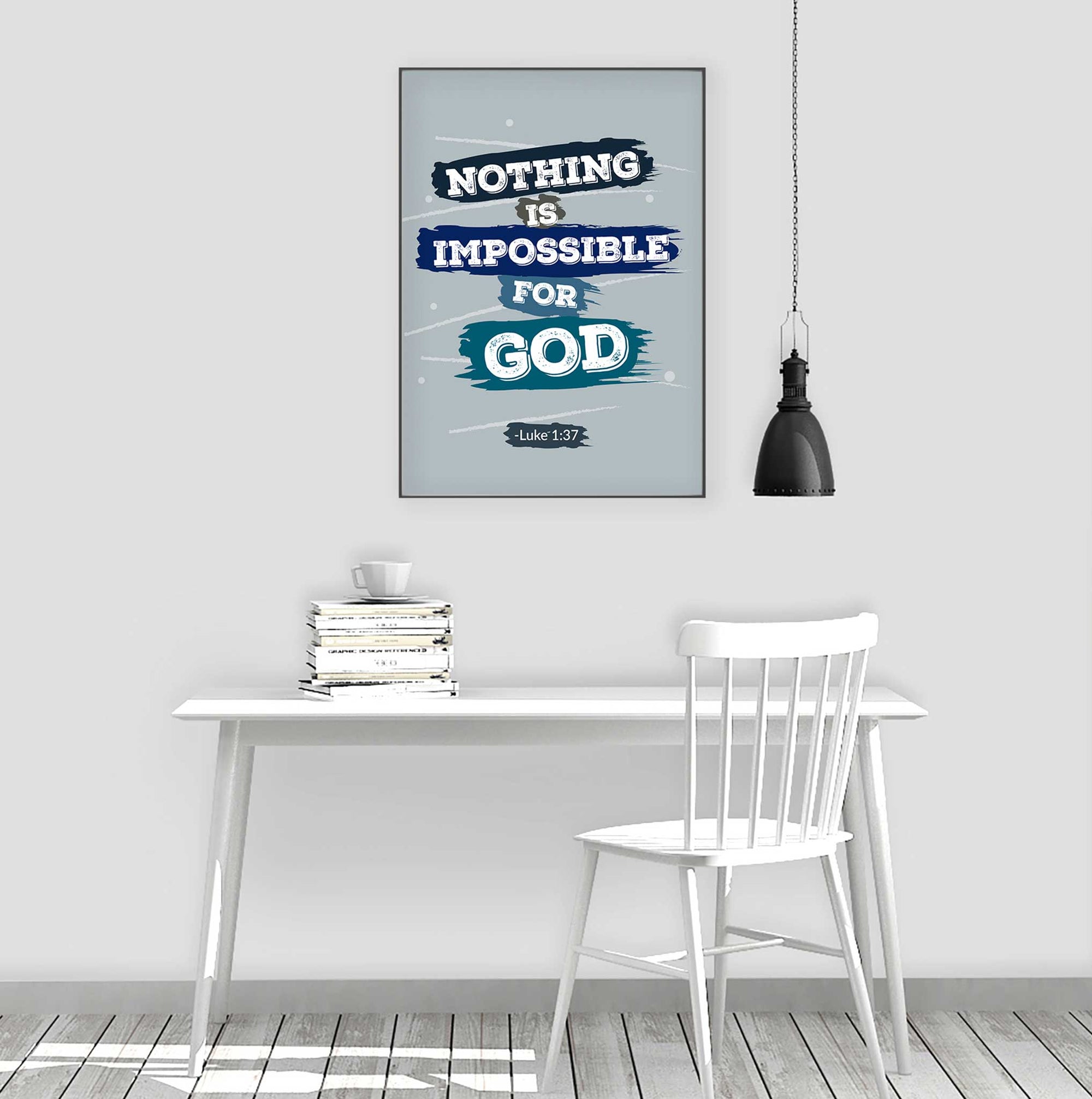 Christian motivational wall art with Luke 1:37 in blue-gray tones for teen study space