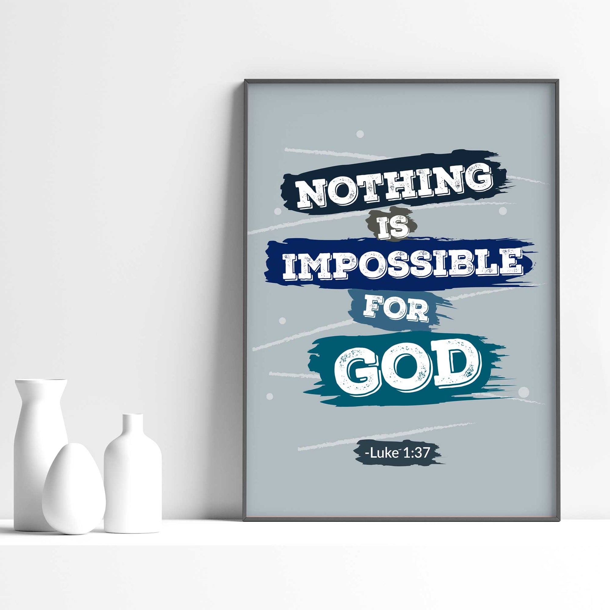 Navy Luke 1:37 scripture wall art displayed in modern teen room