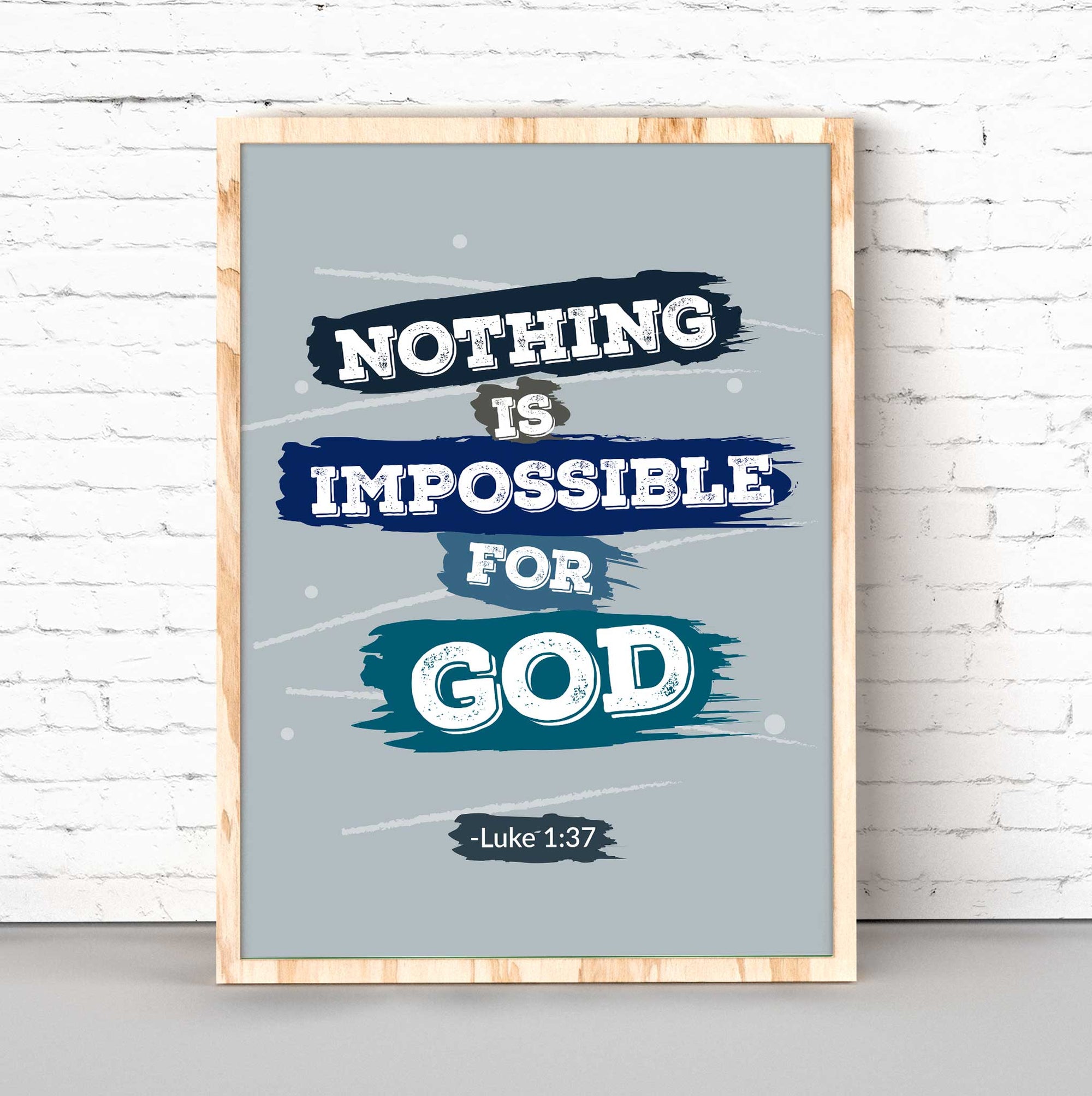 Luke 1:37 wall art featuring “Nothing Is Impossible” in navy blue for Christian teen room decor