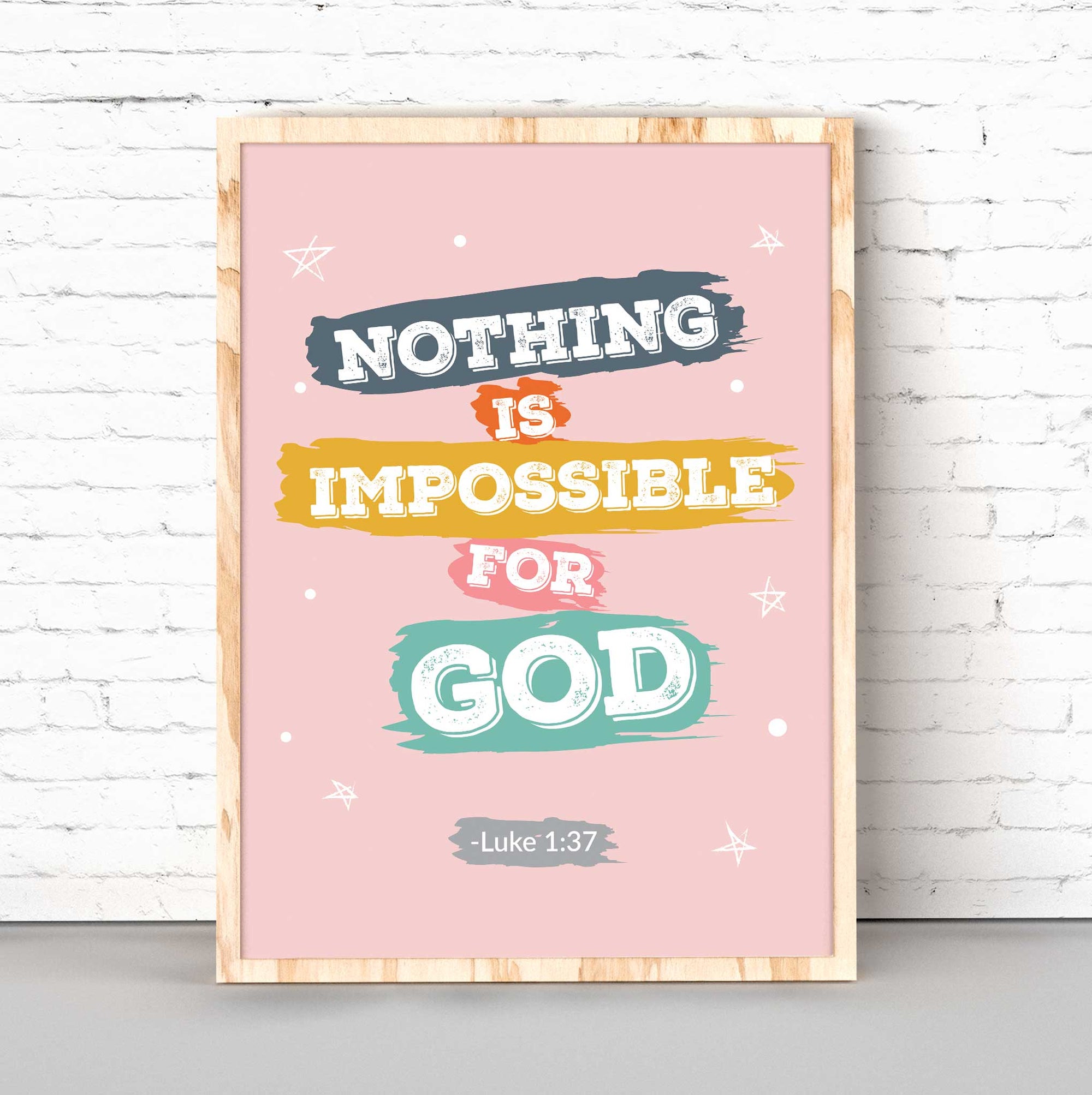 Luke 1:37 wall art featuring “Nothing Is Impossible” in pink for Christian teen room decor