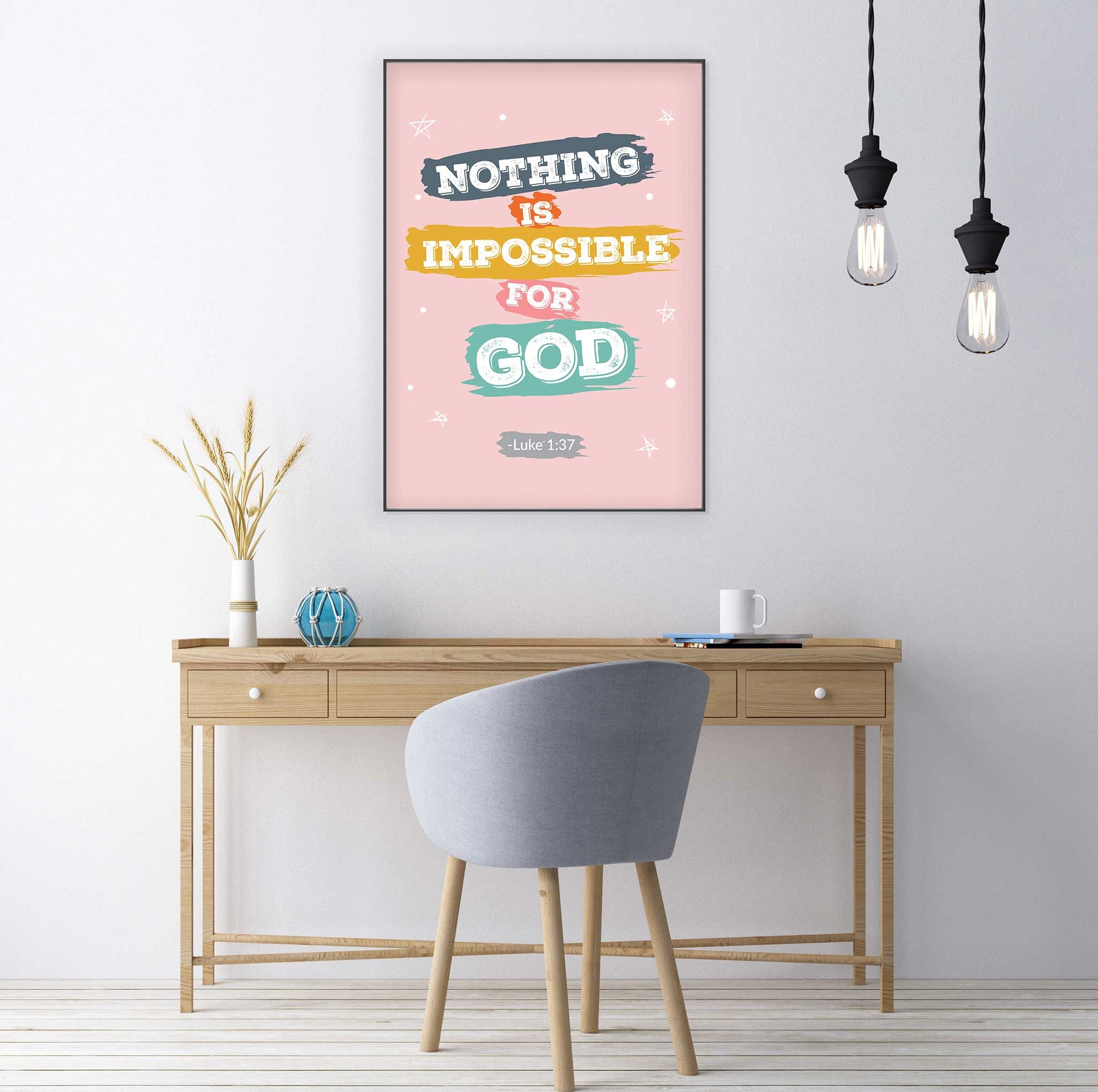 Christian motivational wall art with Luke 1:37 Nothing Is Impossible in teen study space