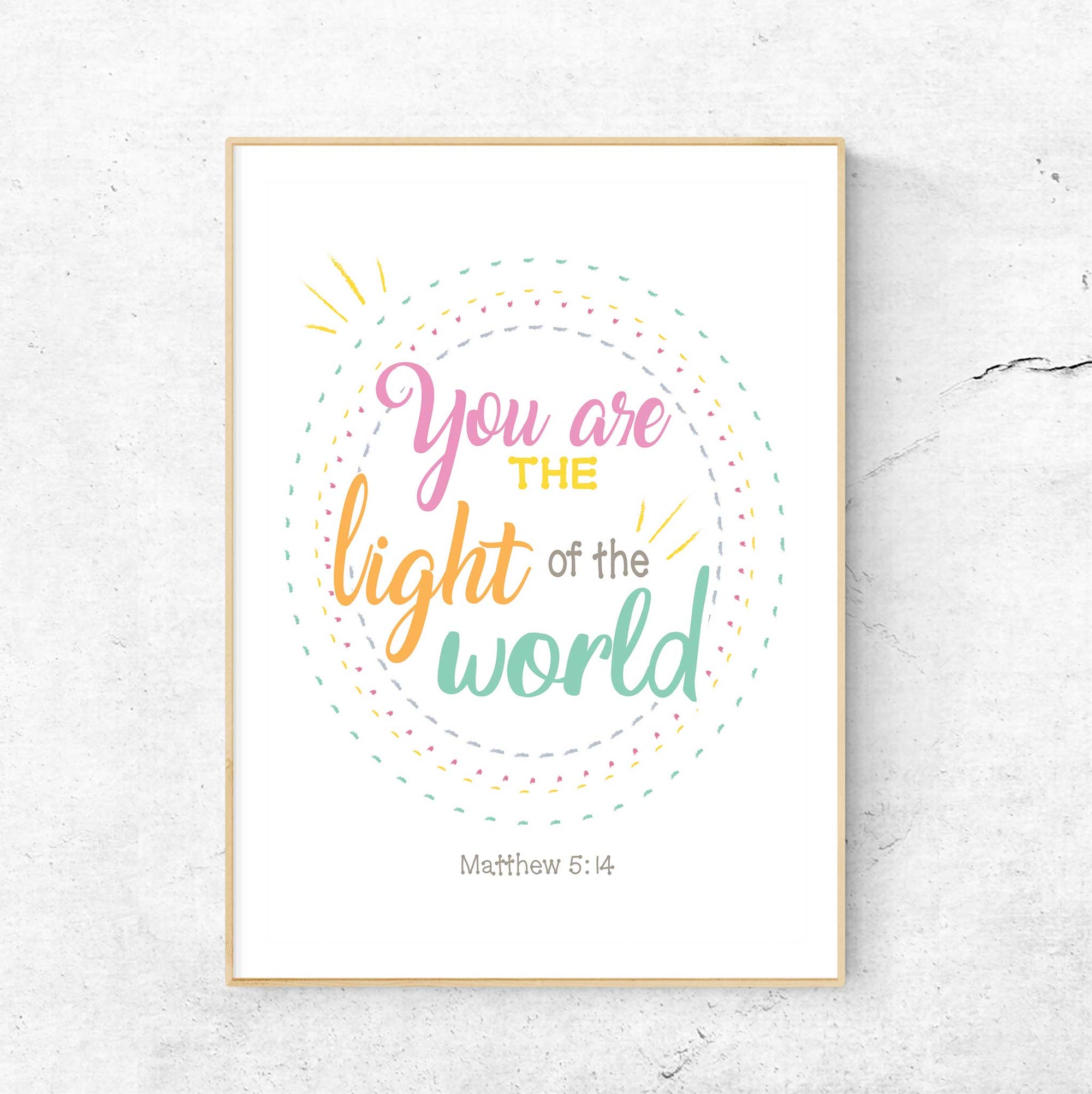 Matthew 5:14 wall art featuring “Light of the World” scripture for Christian teen room decor