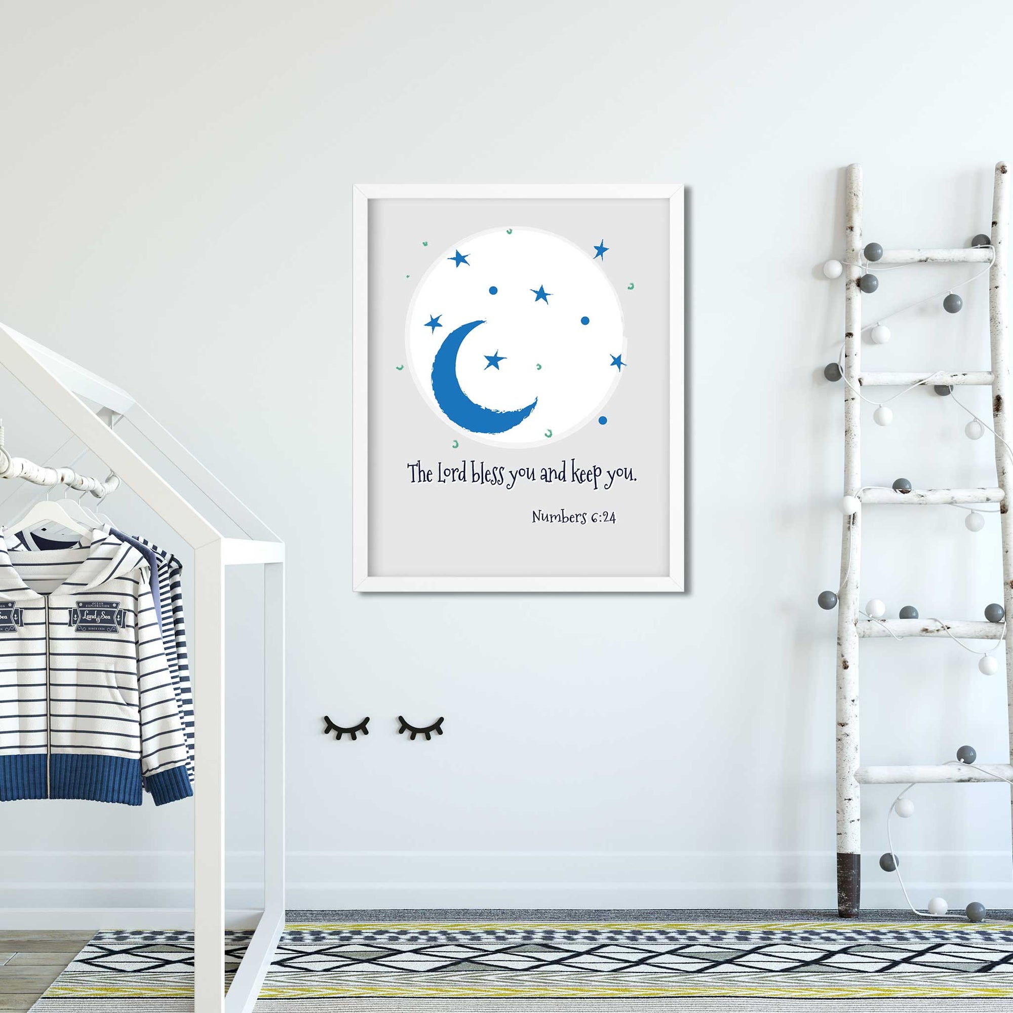 Modern christian kids room decor with Numbers 6:24 blue moon and stars wall art