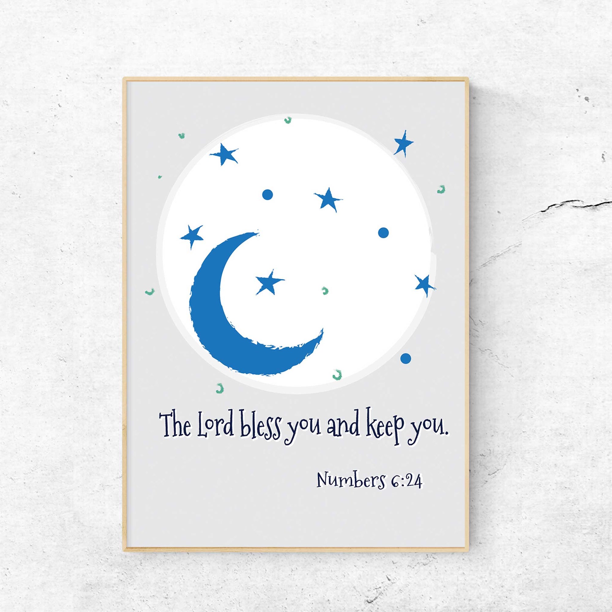 Blue moon and stars scripture wall art featuring Numbers 6:24 in Christian kids room
