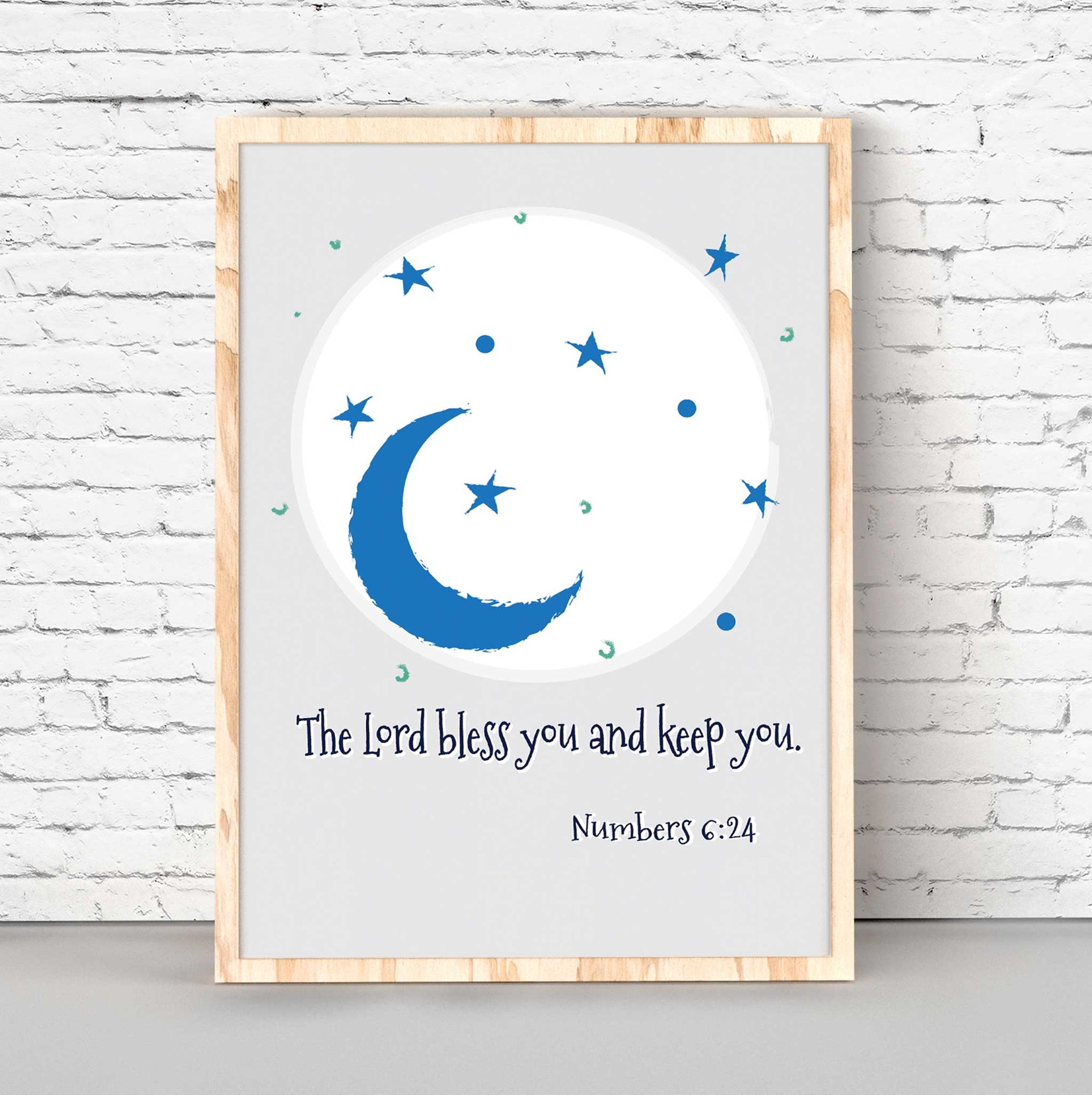 Blue moon and stars scripture wall art featuring Numbers 6:24 in Christian nursery