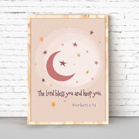 Boho Christian Nursery Wall Decor with Bible Verse Numbers 6:24, The Lord bless you and keep you. Great for Christian classroom decor and Sunday school classroom decor. Let your little one know how much God cares. Our art will be a memorable gift for a Christian baby shower or baby dedication ceremony.