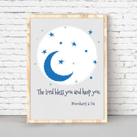 Moon and Stars- Numbers 6:24, The Lord bless you and keep you.This Christian Nursery wall decor is a beautiful way to remind your little ones that God is always with them—featuring an adorable moon and the stars with Bible verse Numbers 6:24. It makes a great Christian baby shower gift or a perfect church nursery decor!