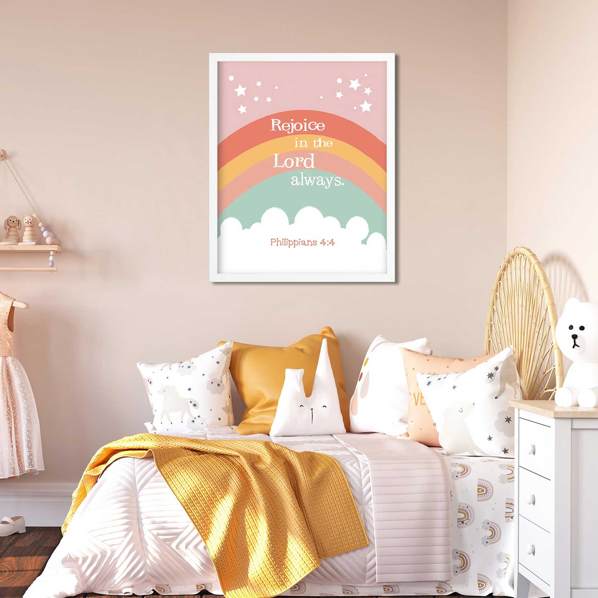 Christian girl's room decor featuring Philippians 4:4 boho rainbow wall art