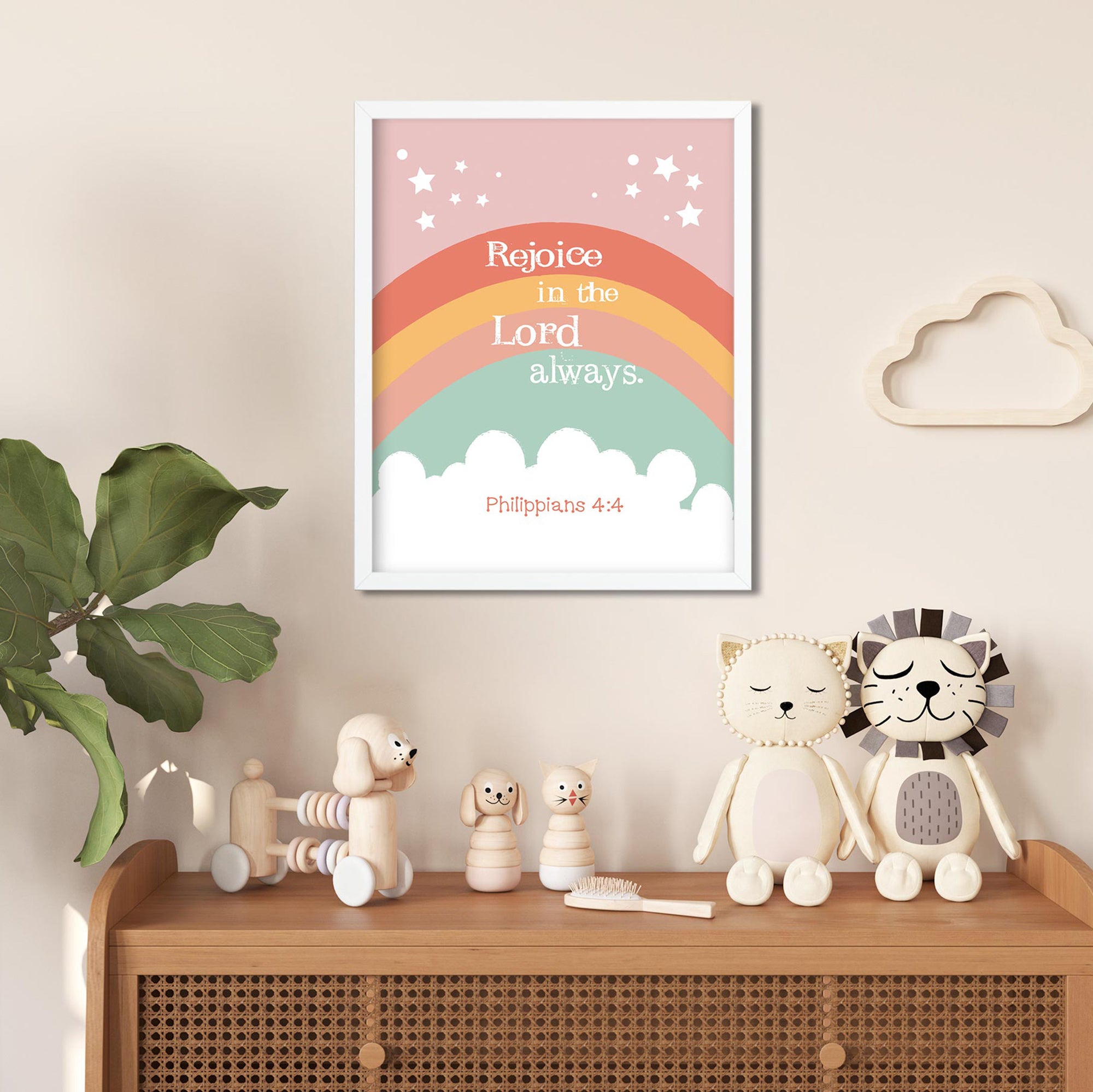 Boho Philippians 4:4 scripture wall art displayed kids room