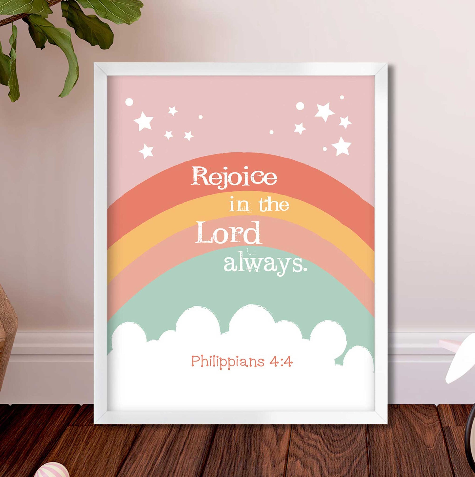 Philippians 4:4 wall art with earthy boho rainbow design for Christian nursery decor