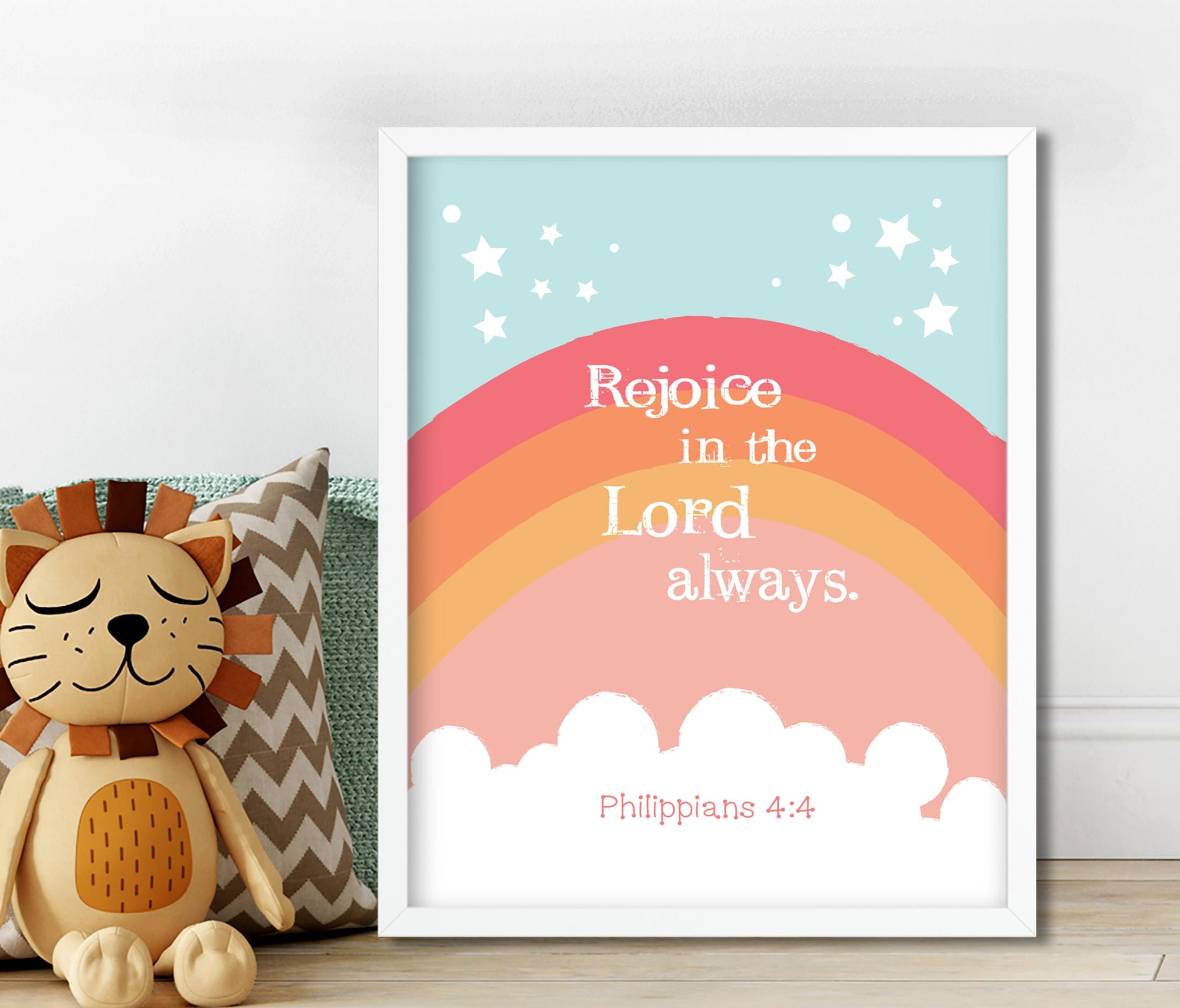 Philippians 4:4 wall art with soft orange rainbow design for Christian kids room