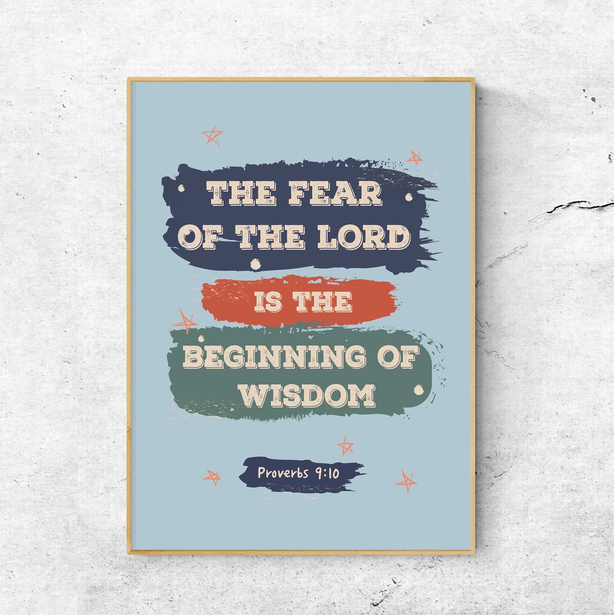 Proverbs 9:10 vintage wall art featuring “The Beginning of Wisdom” scripture for Christian teen room decor