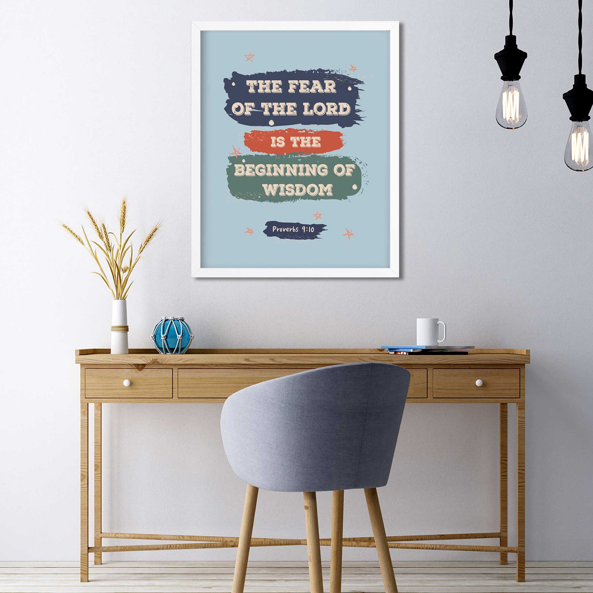 Christian teen study space decor with Proverbs 9:10 wisdom scripture wall art