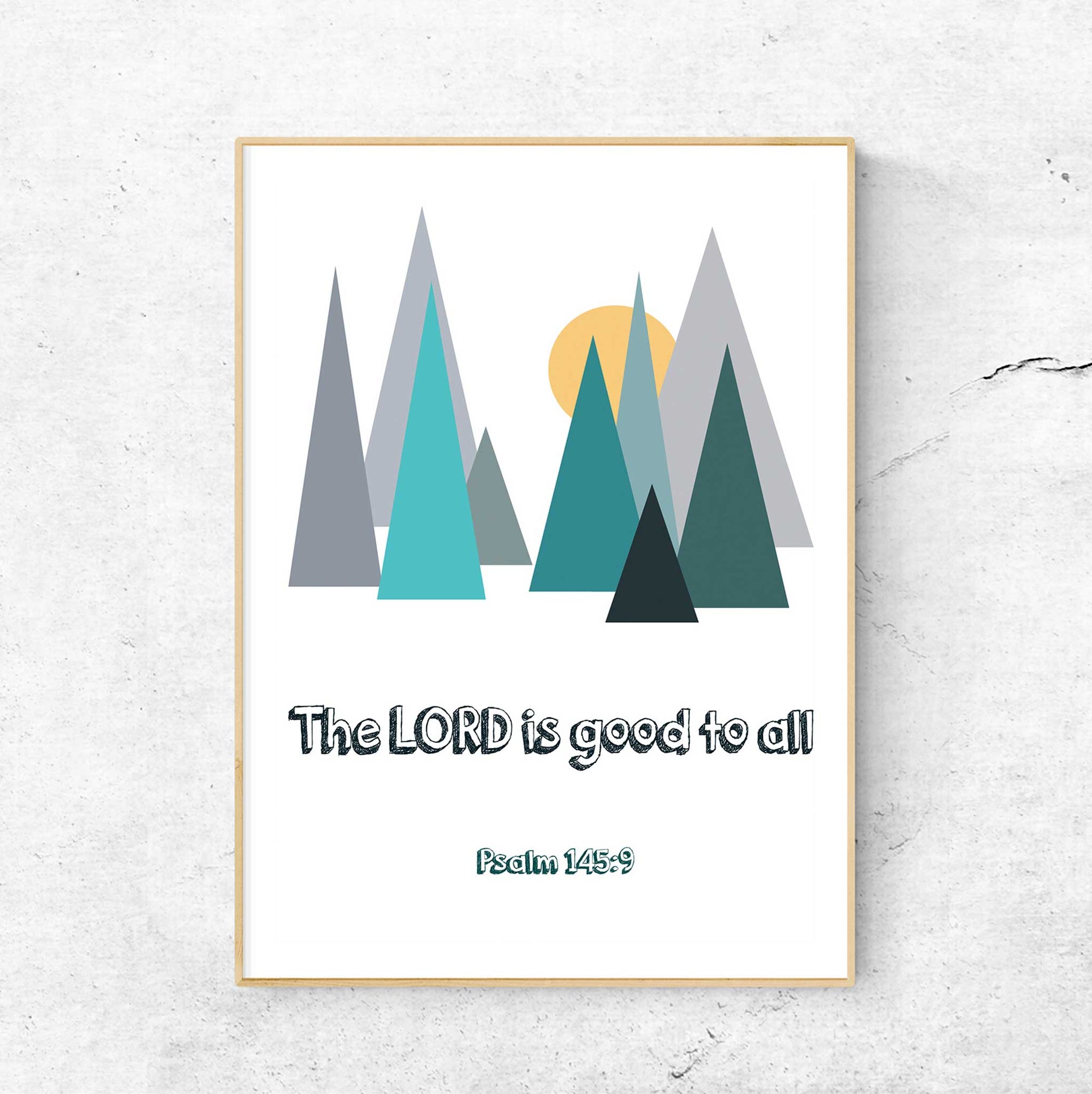 Nature-themed Christian nursery decor with Psalm 145:9 scripture print in modern interior