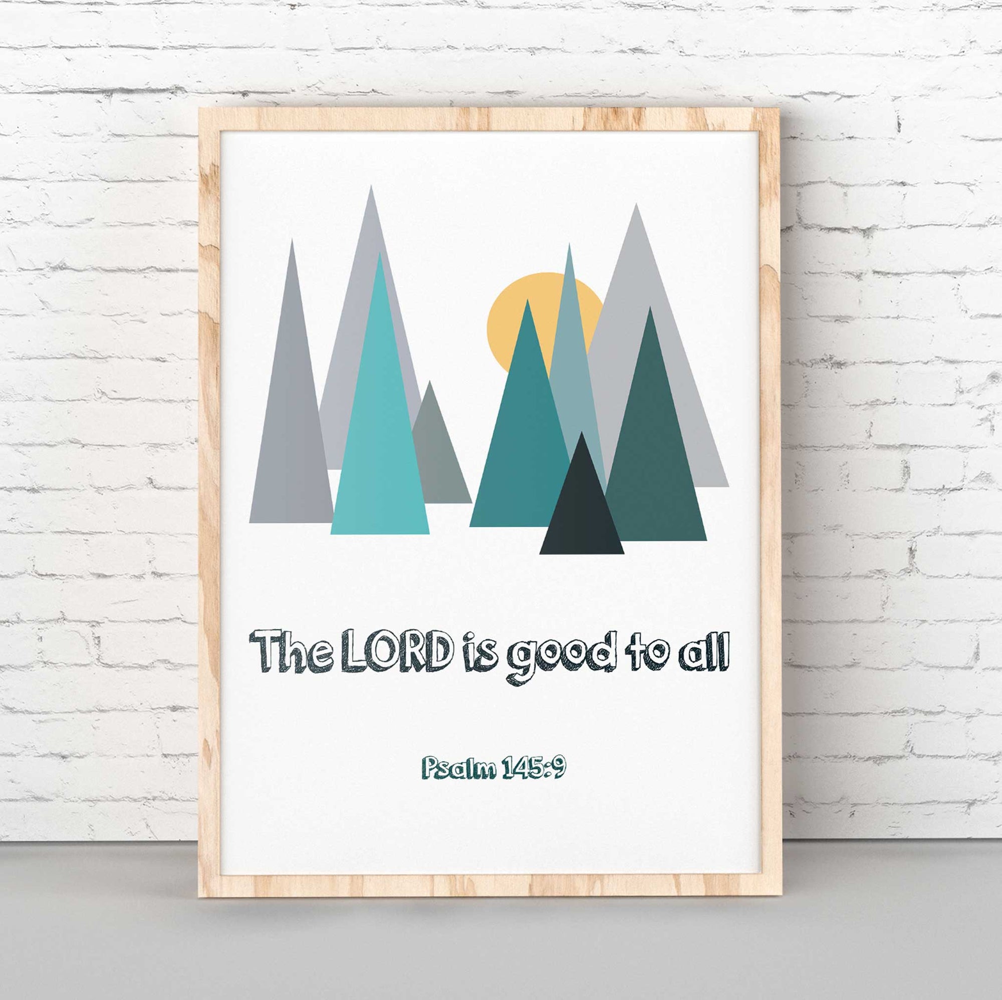 Psalm 145:9 wall art with serene green mountain design for Christian nursery decor