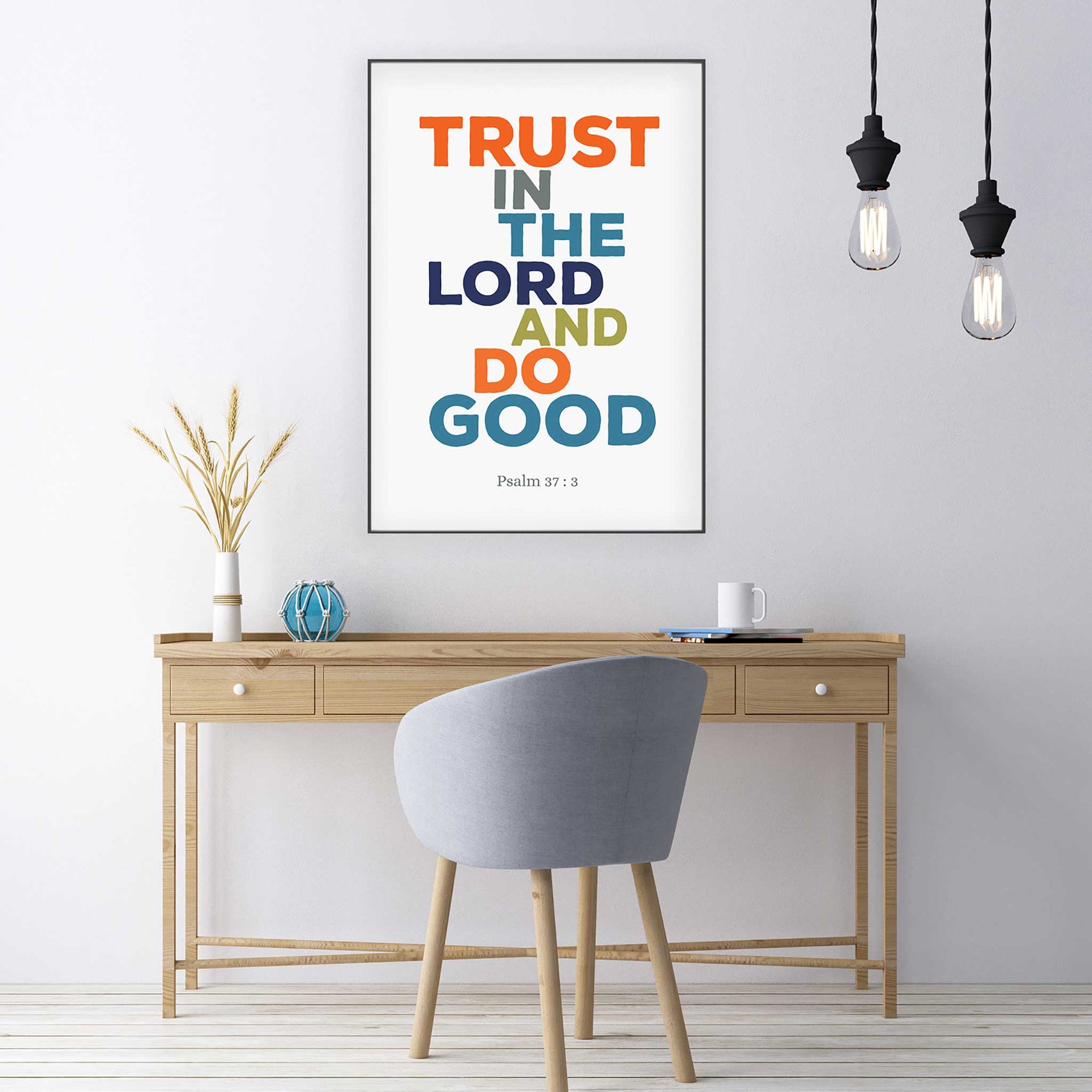 Christian home office decor with Psalm 37:3 scripture wall art