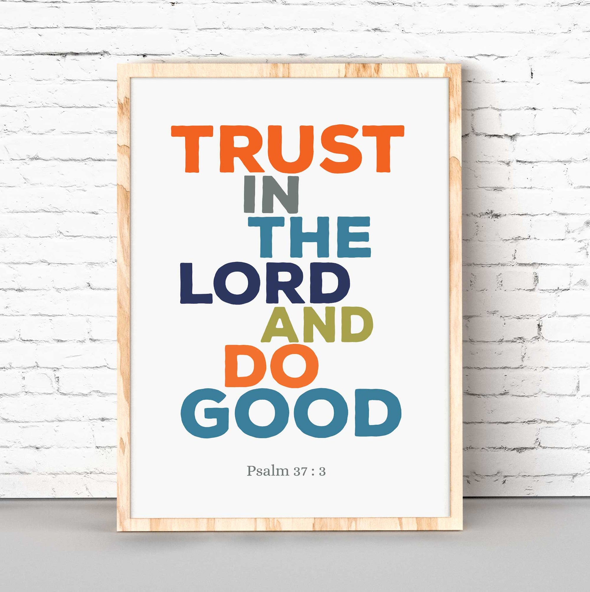 Psalm 37:3 wall art featuring “Trust in the Lord and do good” for Christian home office decor