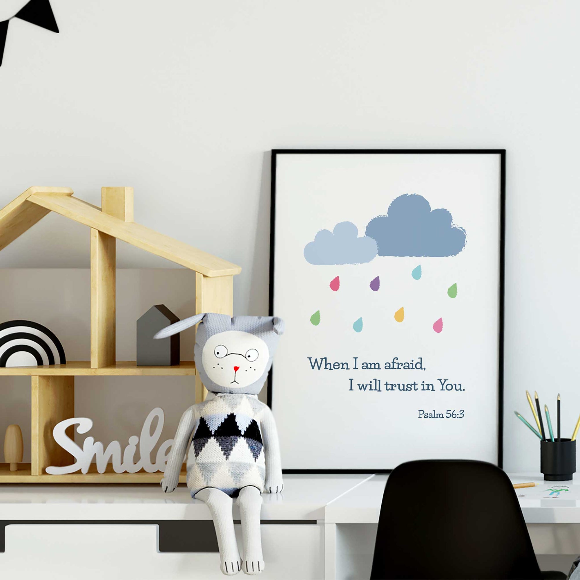 Christian kids room decor featuring Psalm 56:3 rainbow raindrop wall art