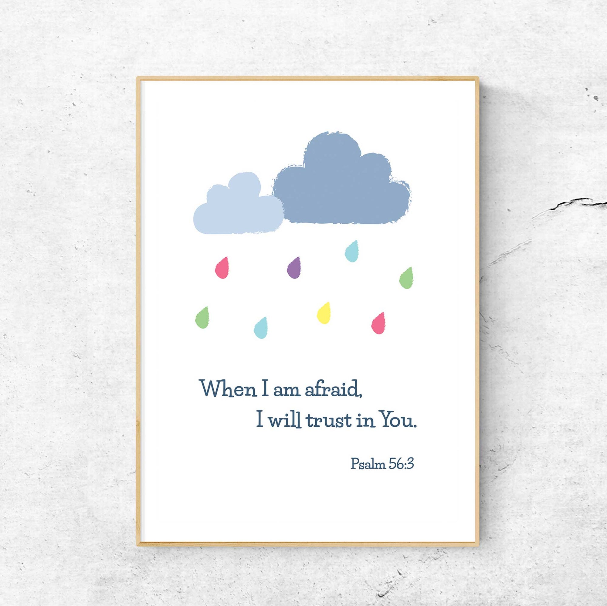 Colorful rainbow raindrops scripture wall art with Psalm 56:3 in modern playroom