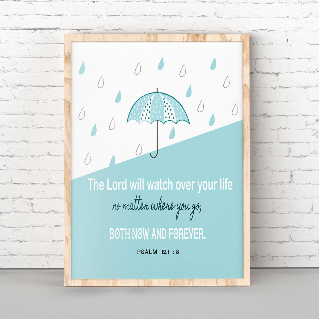 Mint Raindrop-Psalm 121:8 The Lord will watch over your life, no matter where you go, both now and forever. Adorable mint green umbrella and the Bible verse Psalms 121:8 This wall art is perfect for hanging in a bedroom or playroom. It makes a tremendous Christian baby shower gift, too! This delightful piece of wall art is perfect for any kid's room and is sure to bring a smile to your little one's face each time they see it. Digital Printable Files.