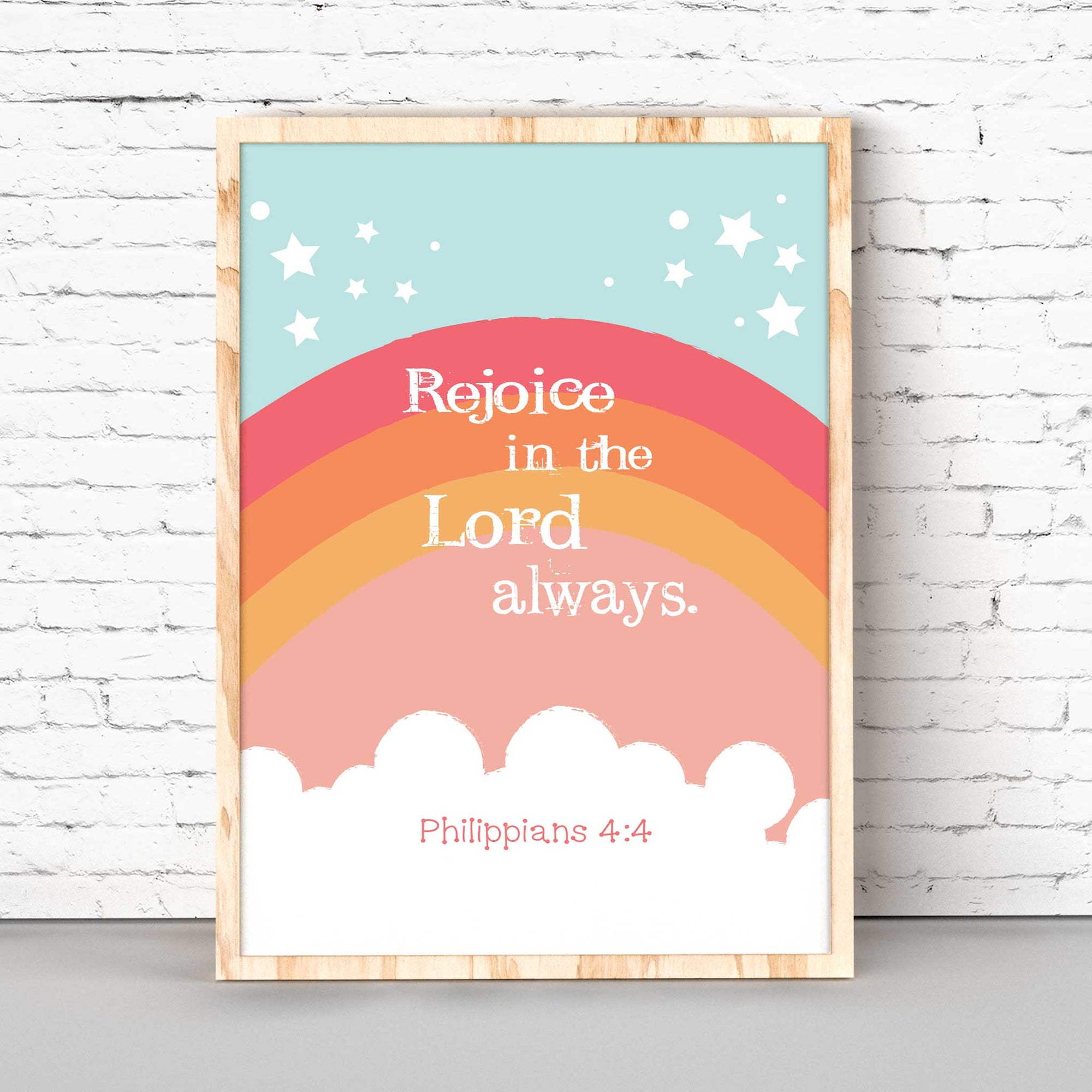 Orange Rainbow Art - Philippians 4:4 &quot;Rejoice in the Lord always.&quot;The colorful rainbow design is accented with the sweet bible verse from Philippians 4:4 – &quot;Rejoice in the Lord always.&quot; What a beautiful reminder for your child that God is always with them! Featuring an adorable rainbow and the Bible verse Philippians 4:4, this wall art is perfect for hanging in a bedroom or playroom. It makes a great Christian baby shower gift, too! Digital Printable Files.