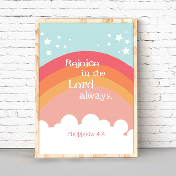 Orange Rainbow Art - Philippians 4:4 "Rejoice in the Lord always."The colorful rainbow design is accented with the sweet bible verse from Philippians 4:4 – "Rejoice in the Lord always." What a beautiful reminder for your child that God is always with them! Featuring an adorable rainbow and the Bible verse Philippians 4:4, this wall art is perfect for hanging in a bedroom or playroom. It makes a great Christian baby shower gift, too! Digital Printable Files.
