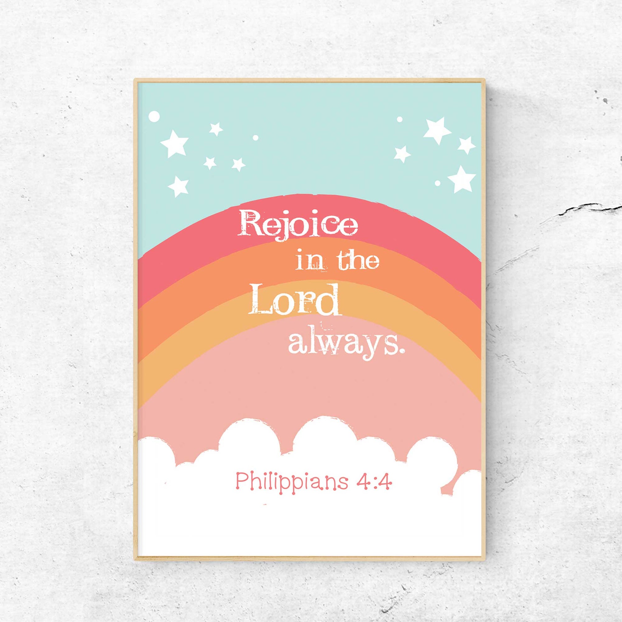 Orange Rainbow Art - Philippians 4:4  &quot;Rejoice in the Lord always.&quot; This Christian Nursery wall decor is a simply beautiful way to remind your little ones that God is always with them. Featuring an adorable rainbow and the Bible verse Philippians 4:4, this wall art is perfect for hanging in a bedroom or playroom. This bright orange pink color art is perfect for any kid&#39;s room and is sure to bring a smile to your little one&#39;s face each time they see it.