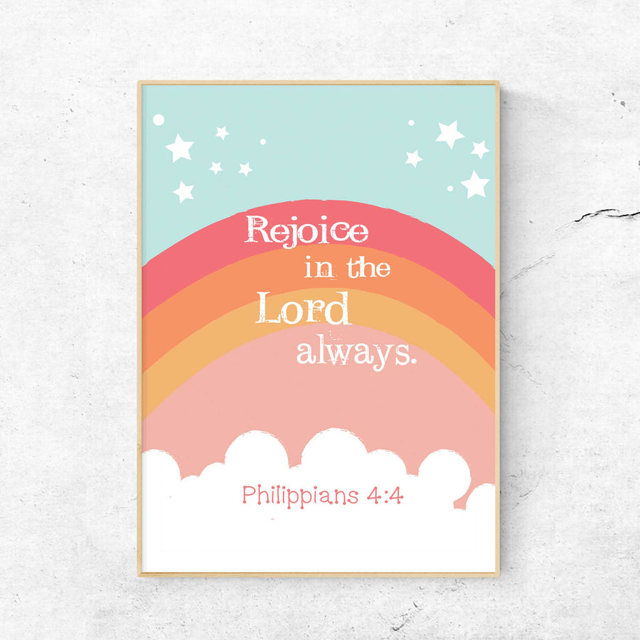 Orange Rainbow Art - Philippians 4:4  "Rejoice in the Lord always." This Christian Nursery wall decor is a simply beautiful way to remind your little ones that God is always with them. Featuring an adorable rainbow and the Bible verse Philippians 4:4, this wall art is perfect for hanging in a bedroom or playroom. This bright orange pink color art is perfect for any kid's room and is sure to bring a smile to your little one's face each time they see it.