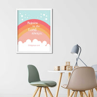 Orange Rainbow Art - Philippians 4:4 "Rejoice in the Lord always." This Christian Nursery wall decor is a simply beautiful way to remind your little ones that God is always with them. Featuring an adorable rainbow and the Bible verse Philippians 4:4, this wall art is perfect for hanging in a bedroom or playroom. This bright orange pink color art is perfect for any kid's room and is sure to bring a smile to your little one's face each time they see it.