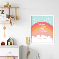 Orange Rainbow Art - Philippians 4:4 "Rejoice in the Lord always." This Christian Nursery wall decor is a simply beautiful way to remind your little ones that God is always with them. Featuring an adorable rainbow and the Bible verse Philippians 4:4, this wall art is perfect for hanging in a bedroom or playroom. This bright orange pink color art is perfect for any kid's room and is sure to bring a smile to your little one's face each time they see it.